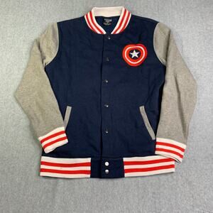 Marvel Captain America Jacket Letterman Medium Navy Blue Snap Button Mens